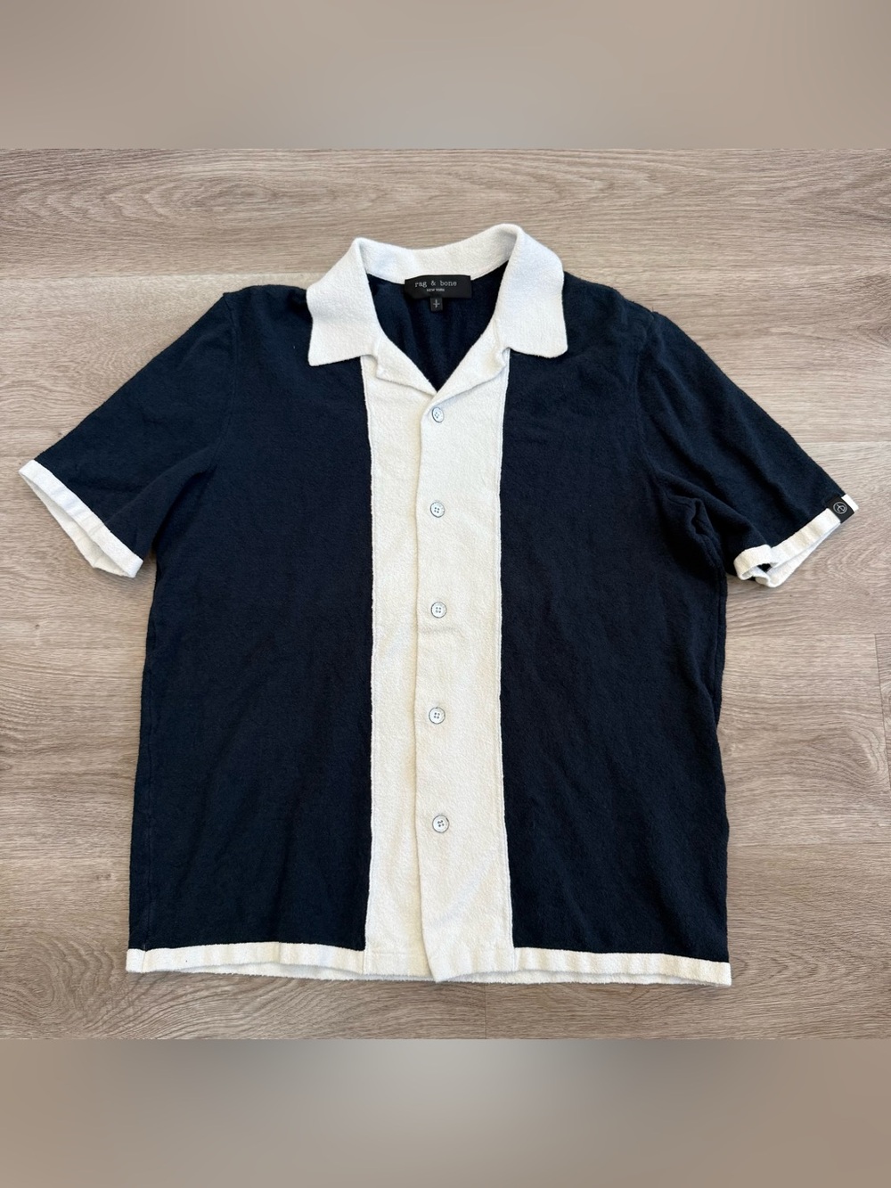 Rag & Bone Zuma Terry Shirt Mens S Navy Button Up Jacquard Towel Polo Camp Shirt